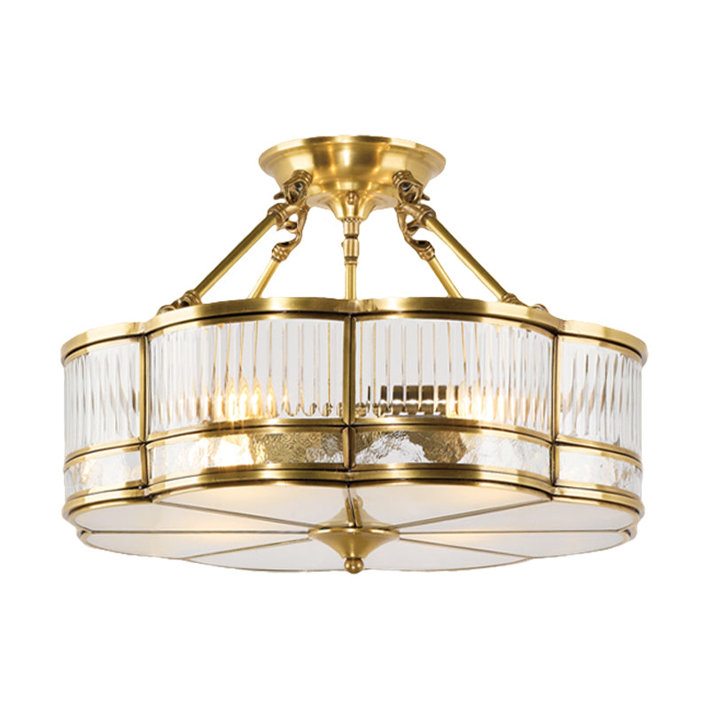 Frosted Glass Flower Semi Flush Mount Light Colonial 3 Lights Corridor Ceiling Fixture with Metal Frame in Brass Clearhalo 'Ceiling Lights' 'Close To Ceiling Lights' 'Close to ceiling' 'Semi-flushmount' Lighting' 285264