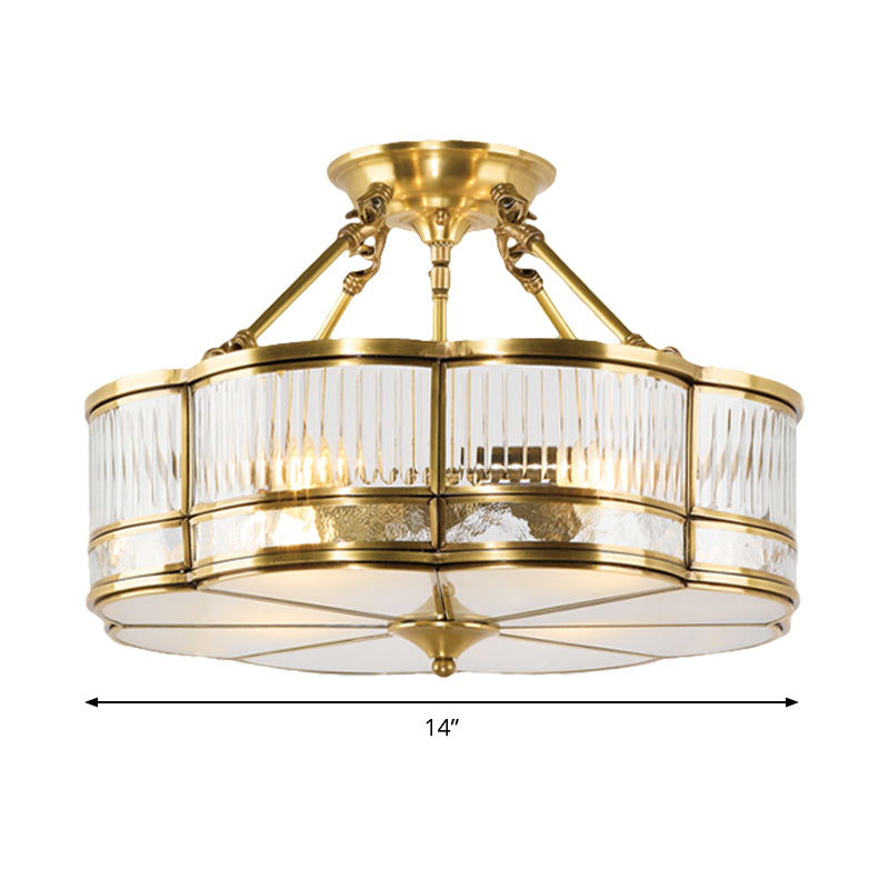 Frosted Glass Flower Semi Flush Mount Light Colonial 3 Lights Corridor Ceiling Fixture with Metal Frame in Brass Clearhalo 'Ceiling Lights' 'Close To Ceiling Lights' 'Close to ceiling' 'Semi-flushmount' Lighting' 285265