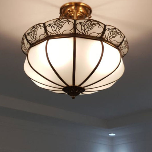 Brass Flower Semi Flush Lighting Colonialism Milky Glass 5 Lights Bedroom Ceiling Flush Mount Brass Clearhalo 'Ceiling Lights' 'Close To Ceiling Lights' 'Close to ceiling' 'Glass shade' 'Glass' 'Semi-flushmount' Lighting' 285267