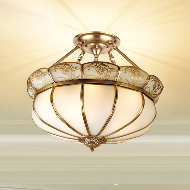 Brass Flower Semi Flush Lighting Colonialism Milky Glass 5 Lights Bedroom Ceiling Flush Mount Clearhalo 'Ceiling Lights' 'Close To Ceiling Lights' 'Close to ceiling' 'Glass shade' 'Glass' 'Semi-flushmount' Lighting' 285268