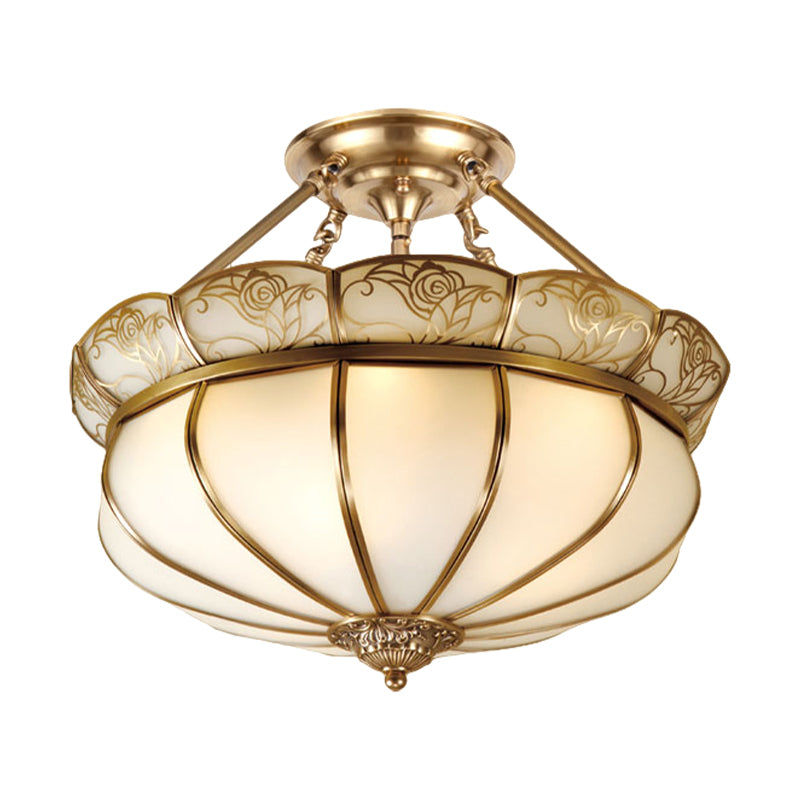 Brass Flower Semi Flush Lighting Colonialism Milky Glass 5 Lights Bedroom Ceiling Flush Mount Clearhalo 'Ceiling Lights' 'Close To Ceiling Lights' 'Close to ceiling' 'Glass shade' 'Glass' 'Semi-flushmount' Lighting' 285270