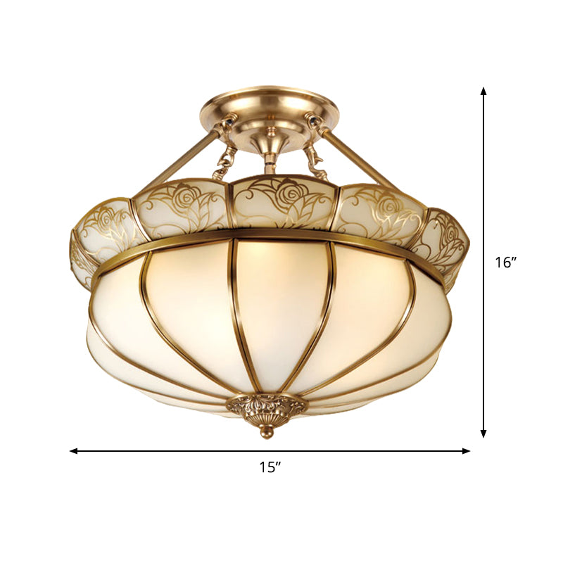 Brass Flower Semi Flush Lighting Colonialism Milky Glass 5 Lights Bedroom Ceiling Flush Mount Clearhalo 'Ceiling Lights' 'Close To Ceiling Lights' 'Close to ceiling' 'Glass shade' 'Glass' 'Semi-flushmount' Lighting' 285271