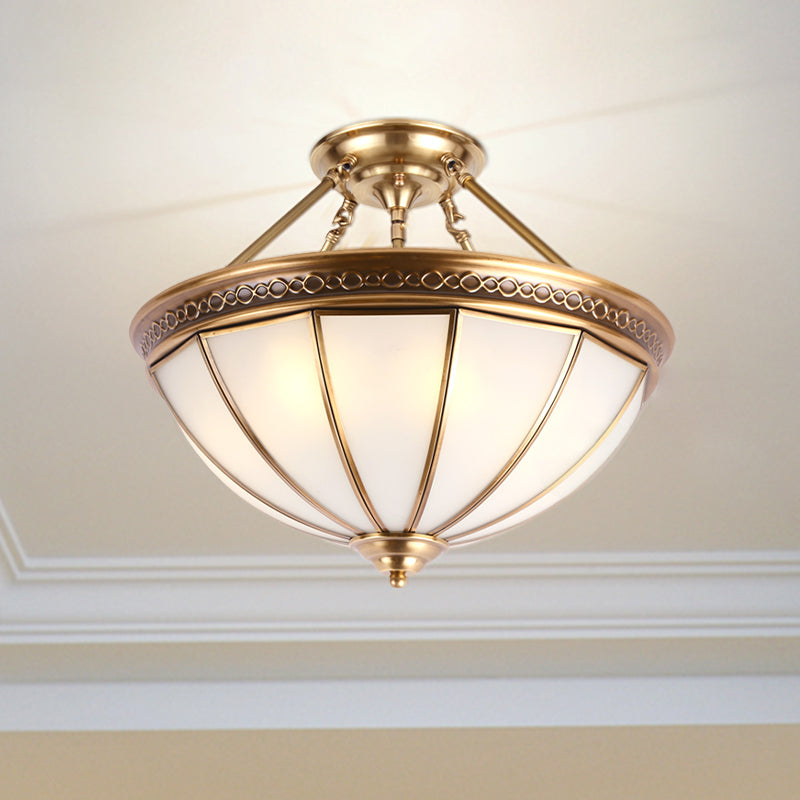 3 Lights Opal Glass Semi Flush Lighting Colonialism Brass Dome Shade Corridor Ceiling Mounted Fixture Brass Clearhalo 'Ceiling Lights' 'Close To Ceiling Lights' 'Close to ceiling' 'Glass shade' 'Glass' 'Semi-flushmount' Lighting' 285272