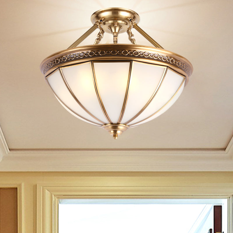 3 Lights Opal Glass Semi Flush Lighting Colonialism Brass Dome Shade Corridor Ceiling Mounted Fixture Clearhalo 'Ceiling Lights' 'Close To Ceiling Lights' 'Close to ceiling' 'Glass shade' 'Glass' 'Semi-flushmount' Lighting' 285273