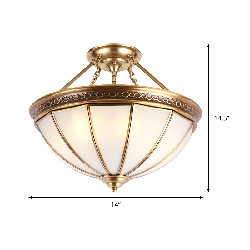 3 Lights Opal Glass Semi Flush Lighting Colonialism Brass Dome Shade Corridor Ceiling Mounted Fixture Clearhalo 'Ceiling Lights' 'Close To Ceiling Lights' 'Close to ceiling' 'Glass shade' 'Glass' 'Semi-flushmount' Lighting' 285276