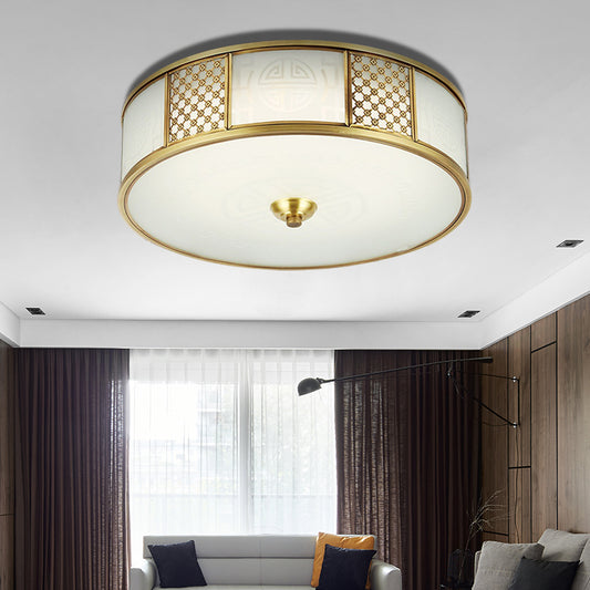 Colonial Drum Flush Mount Ceiling Light 14"/18" Wide 4 Lights Milky Glass Flushmount in Brass Brass Clearhalo 'Ceiling Lights' 'Close To Ceiling Lights' 'Close to ceiling' 'Flush mount' Lighting' 285277