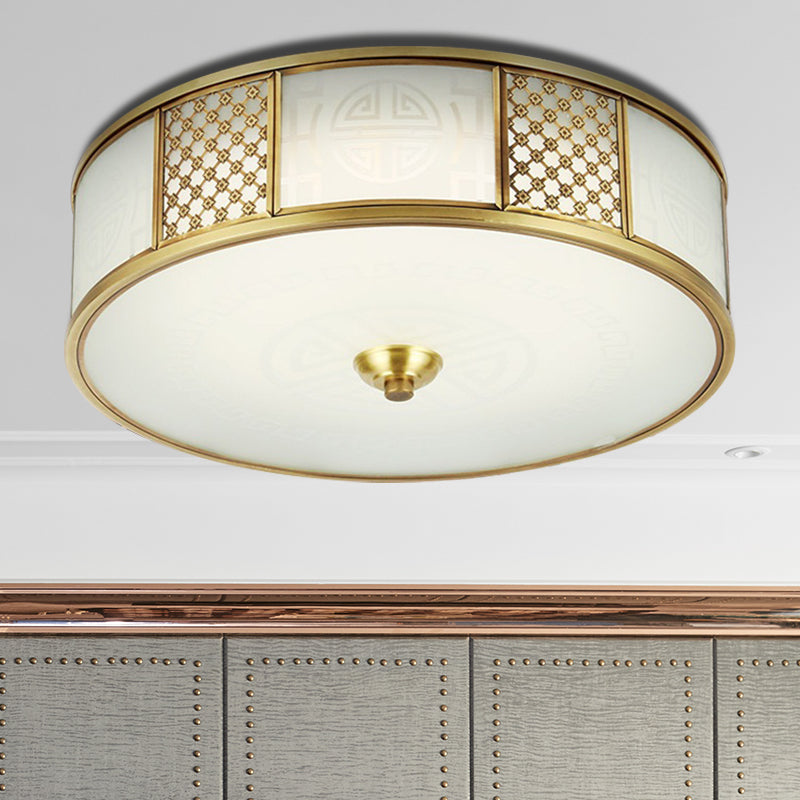 Colonial Drum Flush Mount Ceiling Light 14"/18" Wide 4 Lights Milky Glass Flushmount in Brass Clearhalo 'Ceiling Lights' 'Close To Ceiling Lights' 'Close to ceiling' 'Flush mount' Lighting' 285278