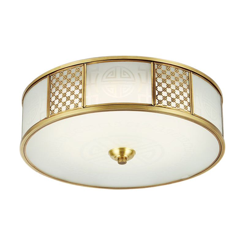 Colonial Drum Flush Mount Ceiling Light 14"/18" Wide 4 Lights Milky Glass Flushmount in Brass Clearhalo 'Ceiling Lights' 'Close To Ceiling Lights' 'Close to ceiling' 'Flush mount' Lighting' 285280