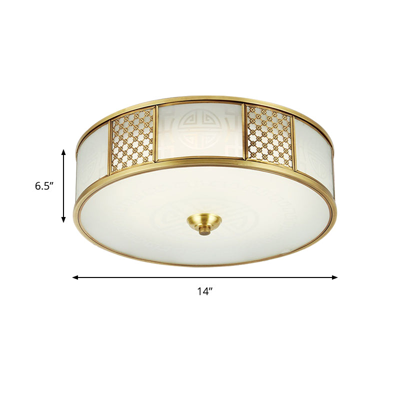 Colonial Drum Flush Mount Ceiling Light 14"/18" Wide 4 Lights Milky Glass Flushmount in Brass Clearhalo 'Ceiling Lights' 'Close To Ceiling Lights' 'Close to ceiling' 'Flush mount' Lighting' 285281