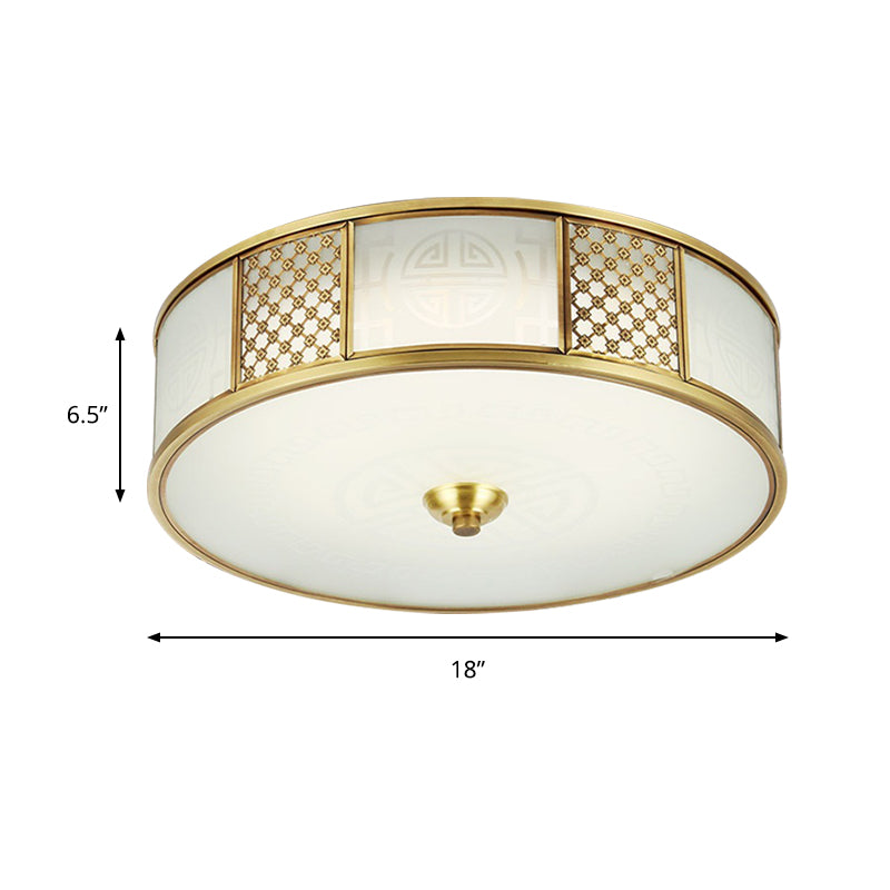 Colonial Drum Flush Mount Ceiling Light 14"/18" Wide 4 Lights Milky Glass Flushmount in Brass Clearhalo 'Ceiling Lights' 'Close To Ceiling Lights' 'Close to ceiling' 'Flush mount' Lighting' 285282