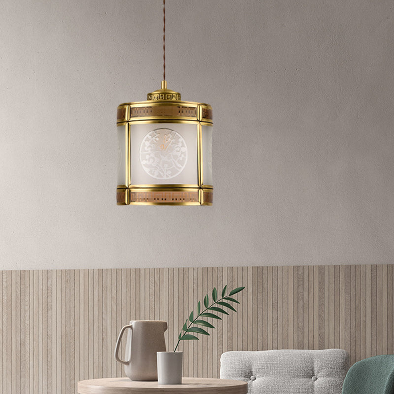 Cylinder Frosted Glass Pendant Lamp Traditional 1 Light Corridor Hanging Ceiling Light in Brass with Metal Frame Clearhalo 'Ceiling Lights' 'Pendant Lights' 'Pendants' Lighting' 285311