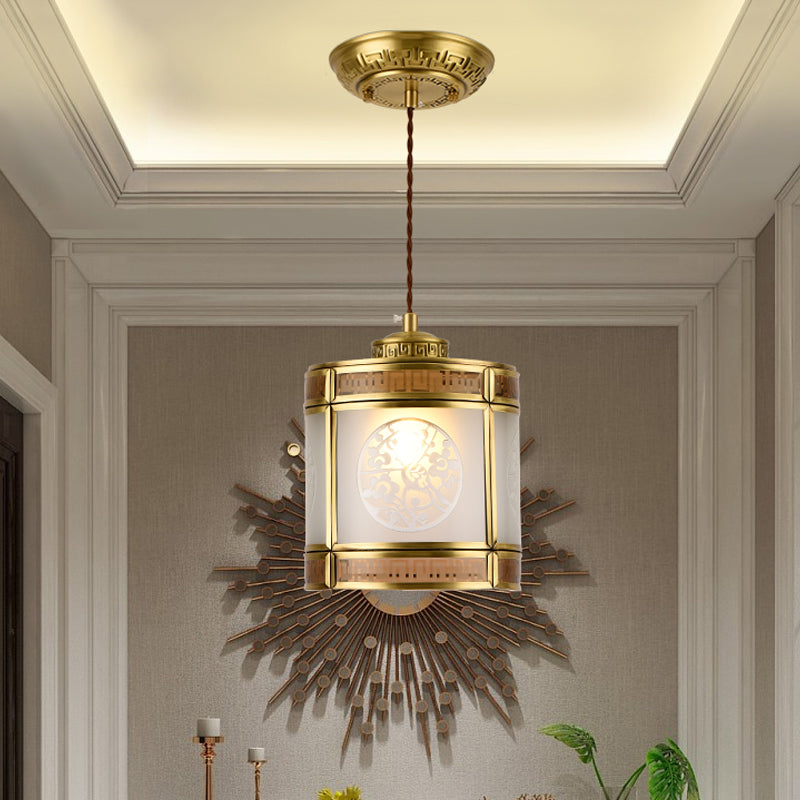 Cylinder Frosted Glass Pendant Lamp Traditional 1 Light Corridor Hanging Ceiling Light in Brass with Metal Frame Clearhalo 'Ceiling Lights' 'Pendant Lights' 'Pendants' Lighting' 285312