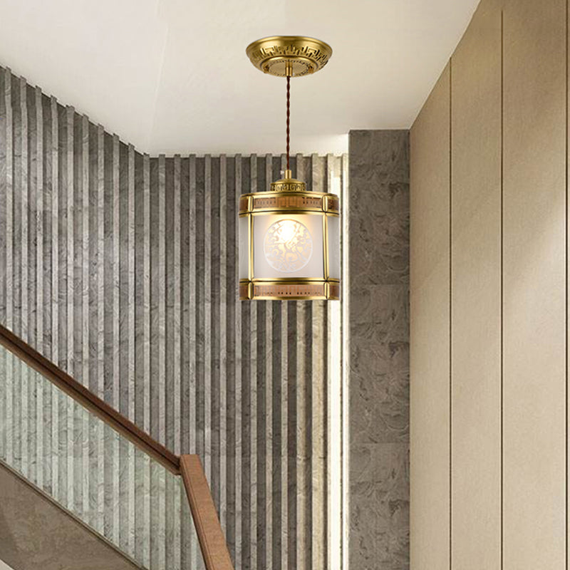 Cylinder Frosted Glass Pendant Lamp Traditional 1 Light Corridor Hanging Ceiling Light in Brass with Metal Frame Clearhalo 'Ceiling Lights' 'Pendant Lights' 'Pendants' Lighting' 285313