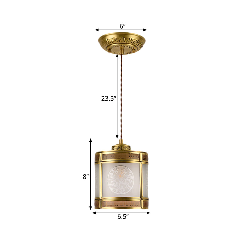 Cylinder Frosted Glass Pendant Lamp Traditional 1 Light Corridor Hanging Ceiling Light in Brass with Metal Frame Clearhalo 'Ceiling Lights' 'Pendant Lights' 'Pendants' Lighting' 285315