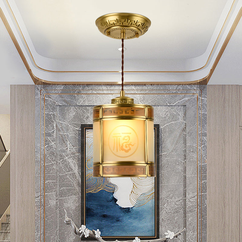 Cylinder Frosted Glass Pendant Lamp Traditional 1 Light Corridor Hanging Ceiling Light in Brass with Metal Frame Clearhalo 'Ceiling Lights' 'Pendant Lights' 'Pendants' Lighting' 285316