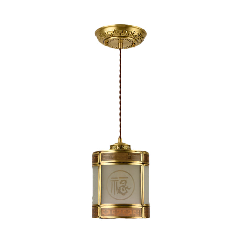 Cylinder Frosted Glass Pendant Lamp Traditional 1 Light Corridor Hanging Ceiling Light in Brass with Metal Frame Clearhalo 'Ceiling Lights' 'Pendant Lights' 'Pendants' Lighting' 285318