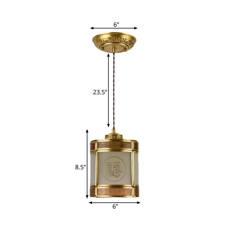 Cylinder Frosted Glass Pendant Lamp Traditional 1 Light Corridor Hanging Ceiling Light in Brass with Metal Frame Clearhalo 'Ceiling Lights' 'Pendant Lights' 'Pendants' Lighting' 285319