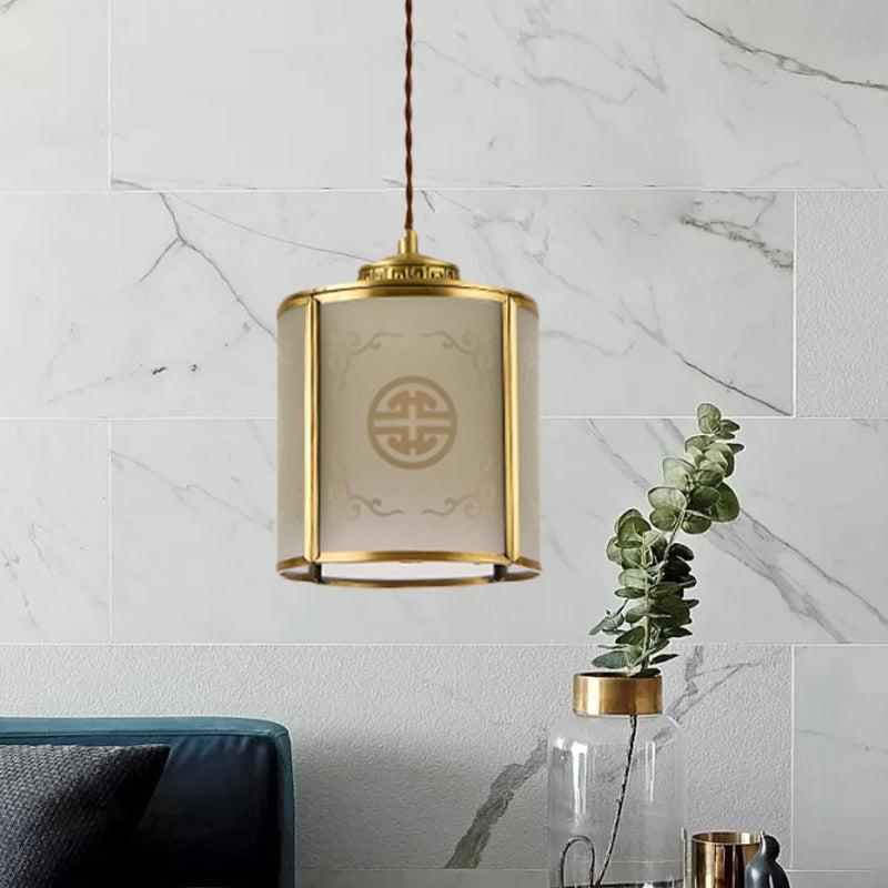 Cylinder Frosted Glass Pendant Lamp Traditional 1 Light Corridor Hanging Ceiling Light in Brass with Metal Frame Brass D Clearhalo 'Ceiling Lights' 'Pendant Lights' 'Pendants' Lighting' 285320_d4bbc5d1-cdc7-4ae9-88dc-add367306ae5