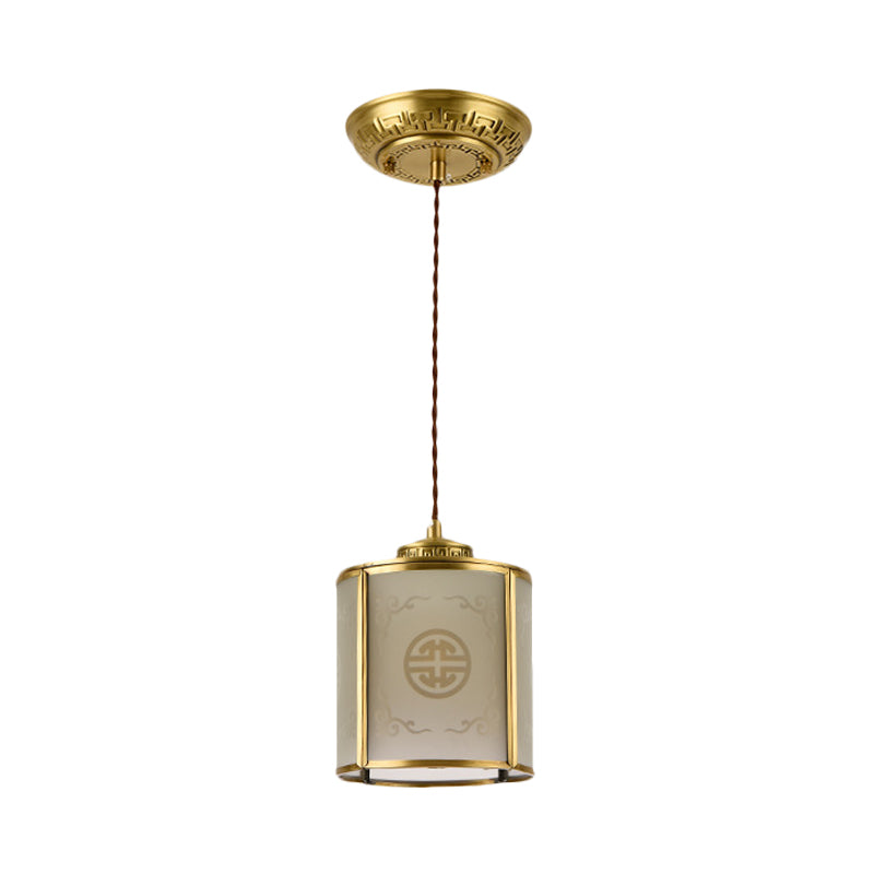 Cylinder Frosted Glass Pendant Lamp Traditional 1 Light Corridor Hanging Ceiling Light in Brass with Metal Frame Clearhalo 'Ceiling Lights' 'Pendant Lights' 'Pendants' Lighting' 285322