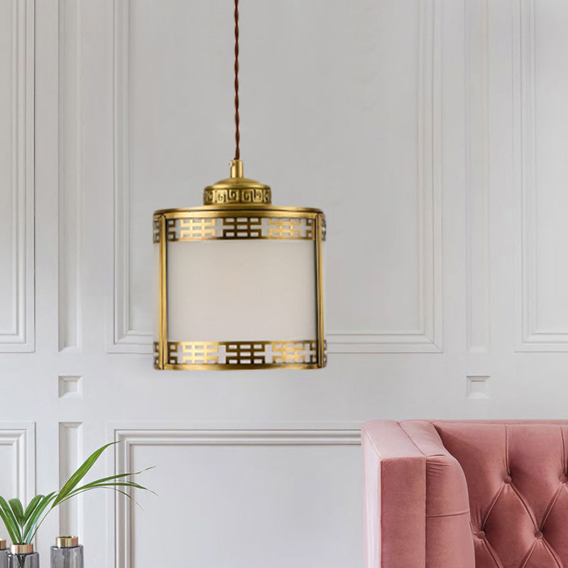 Cylinder Frosted Glass Pendant Lamp Traditional 1 Light Corridor Hanging Ceiling Light in Brass with Metal Frame Brass A Clearhalo 'Ceiling Lights' 'Pendant Lights' 'Pendants' Lighting' 285324_5498c5a3-fce2-4447-ab0d-8a9e17ff21b0