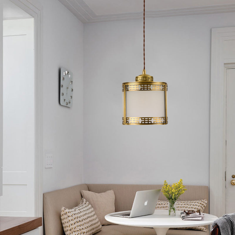 Cylinder Frosted Glass Pendant Lamp Traditional 1 Light Corridor Hanging Ceiling Light in Brass with Metal Frame Clearhalo 'Ceiling Lights' 'Pendant Lights' 'Pendants' Lighting' 285325