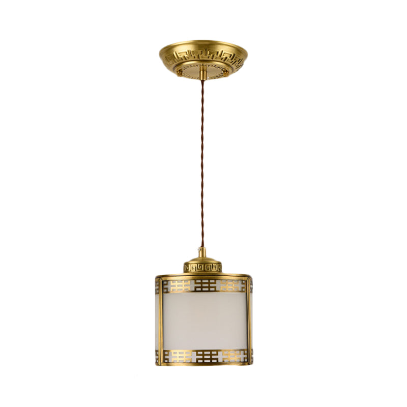 Cylinder Frosted Glass Pendant Lamp Traditional 1 Light Corridor Hanging Ceiling Light in Brass with Metal Frame Clearhalo 'Ceiling Lights' 'Pendant Lights' 'Pendants' Lighting' 285326