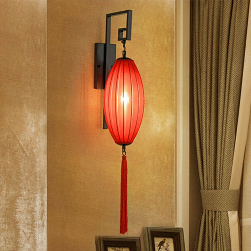 Metal Red Wall Lighting Fixture Oval 1 Light Classic Style Sconce for Tea House with Fabric Shade Clearhalo 'Wall Lamps & Sconces' 'Wall Lights' Lighting' 285335