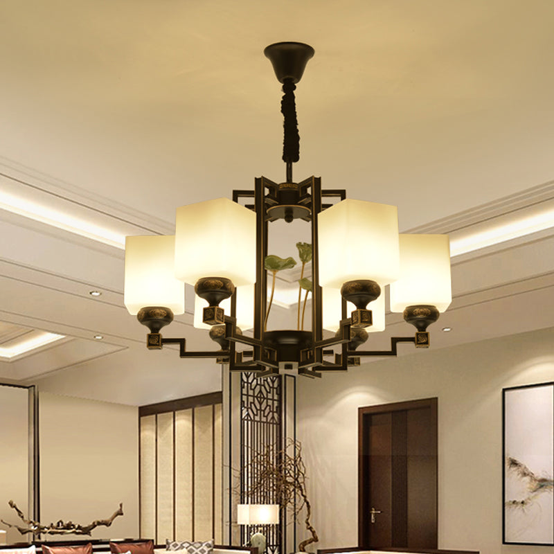 Square Metal Chandelier Traditional Style 6/8/10 Lights Dining Room Pendant Lighting in Black 6 Black Clearhalo 'Ceiling Lights' 'Chandeliers' Lighting' options 285365_7f882f84-88e4-4223-bf94-0ad6dd3aff08