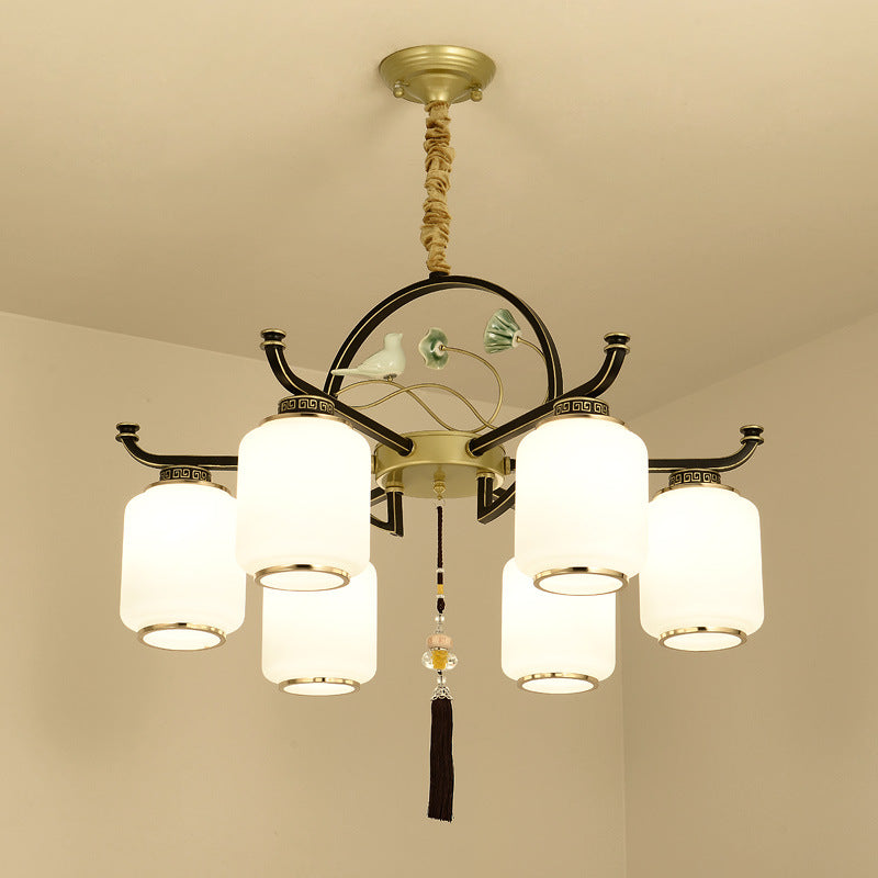 Frosted Glass Black and Gold Ceiling Chandelier Lantern 6/8/10 Lights Traditional Pendulum Light Clearhalo 'Ceiling Lights' 'Chandeliers' 'Glass shade' 'Glass' 'Pendant Lights' Lighting' 285398