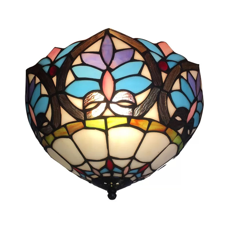 Stained Glass Ceiling Light, 2 Lights Floral Flush Mount Light Fixture in Antique Brass for Living Room Victorian Style Clearhalo 'Ceiling Lights' 'Close To Ceiling Lights' 'Close to ceiling' 'Flush mount' Lighting' 2854