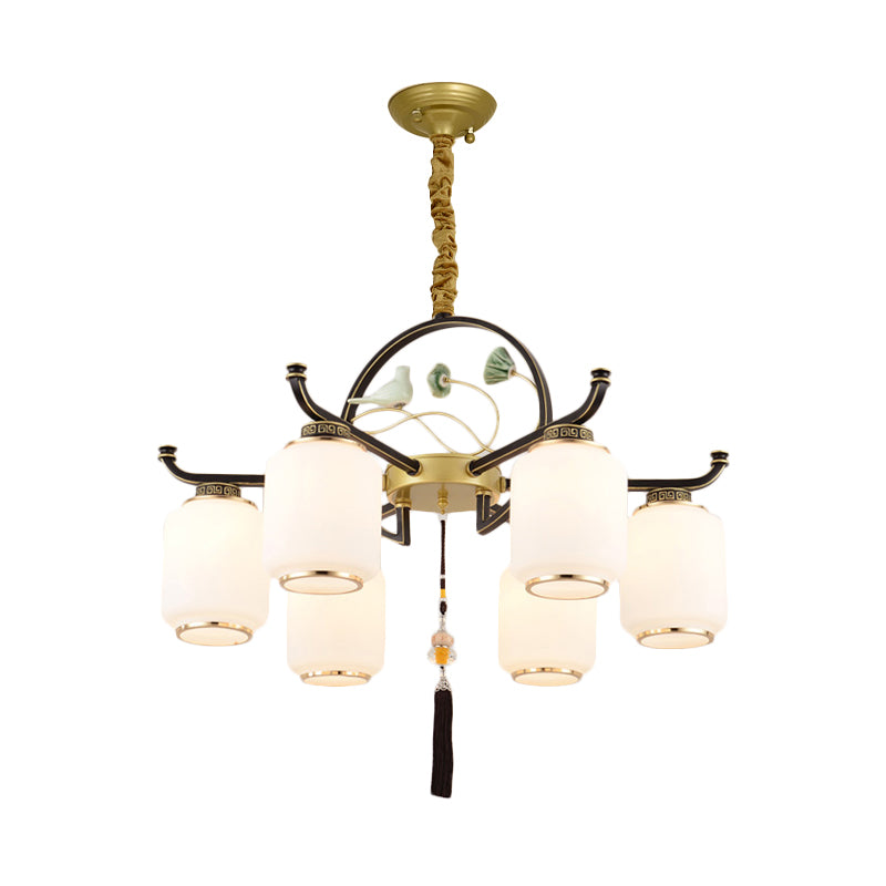 Frosted Glass Black and Gold Ceiling Chandelier Lantern 6/8/10 Lights Traditional Pendulum Light Clearhalo 'Ceiling Lights' 'Chandeliers' 'Glass shade' 'Glass' 'Pendant Lights' Lighting' 285400