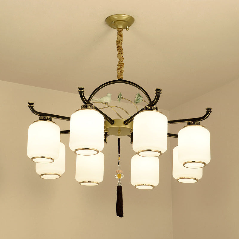 Frosted Glass Black and Gold Ceiling Chandelier Lantern 6/8/10 Lights Traditional Pendulum Light 8 Black-Gold Clearhalo 'Ceiling Lights' 'Chandeliers' 'Glass shade' 'Glass' 'Pendant Lights' Lighting' 285403