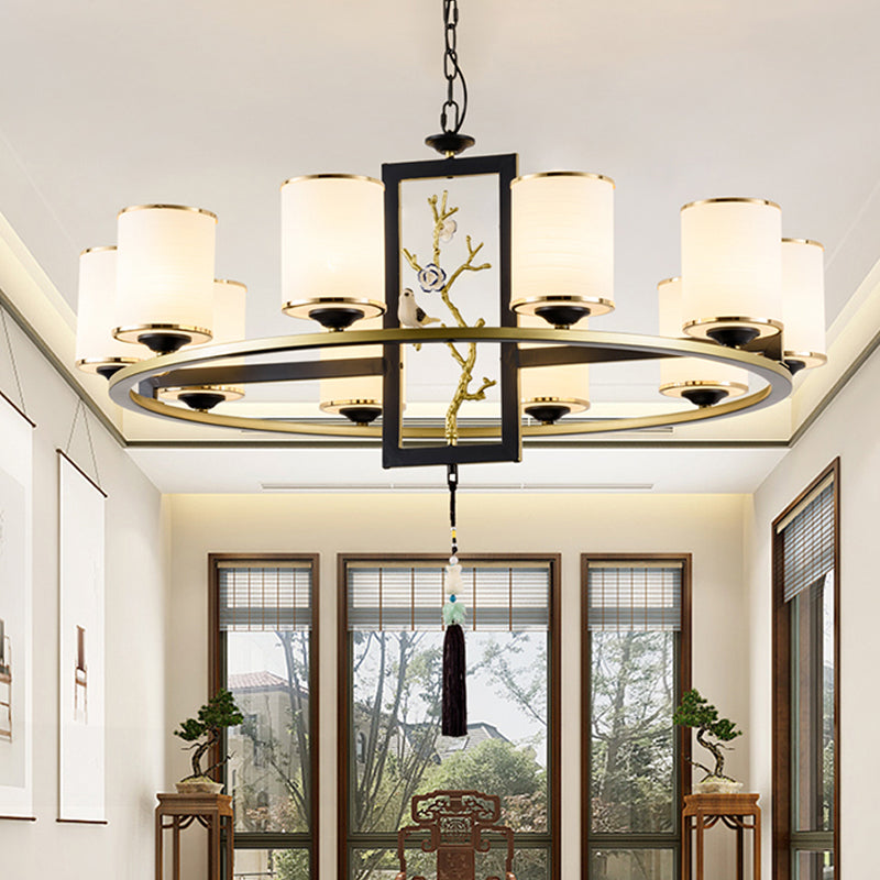 Metal Cylinder Chandelier Lighting Classic 6/8/10 Lights Living Room Hanging Pendant Black and Gold 10 Black-Gold Clearhalo 'Ceiling Lights' 'Chandeliers' Lighting' options 285421_94281bb0-7109-49fd-b97a-ead2e2767015