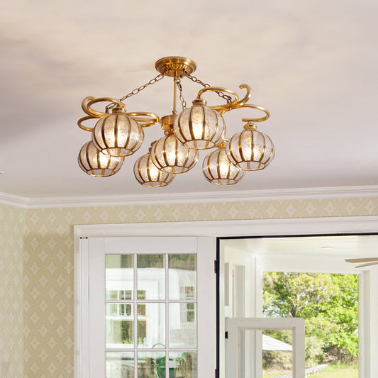 7 Heads Globe Semi Flush Light Traditional Gold Frosted Glass Ceiling Mounted Lamp Clearhalo 'Ceiling Lights' 'Chandeliers' 'Glass shade' 'Glass' 'Pendant Lights' Lighting' 285456