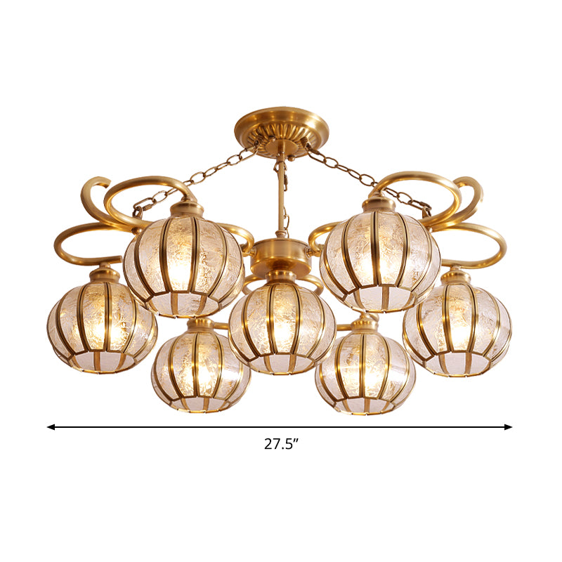 7 Heads Globe Semi Flush Light Traditional Gold Frosted Glass Ceiling Mounted Lamp Clearhalo 'Ceiling Lights' 'Chandeliers' 'Glass shade' 'Glass' 'Pendant Lights' Lighting' 285458