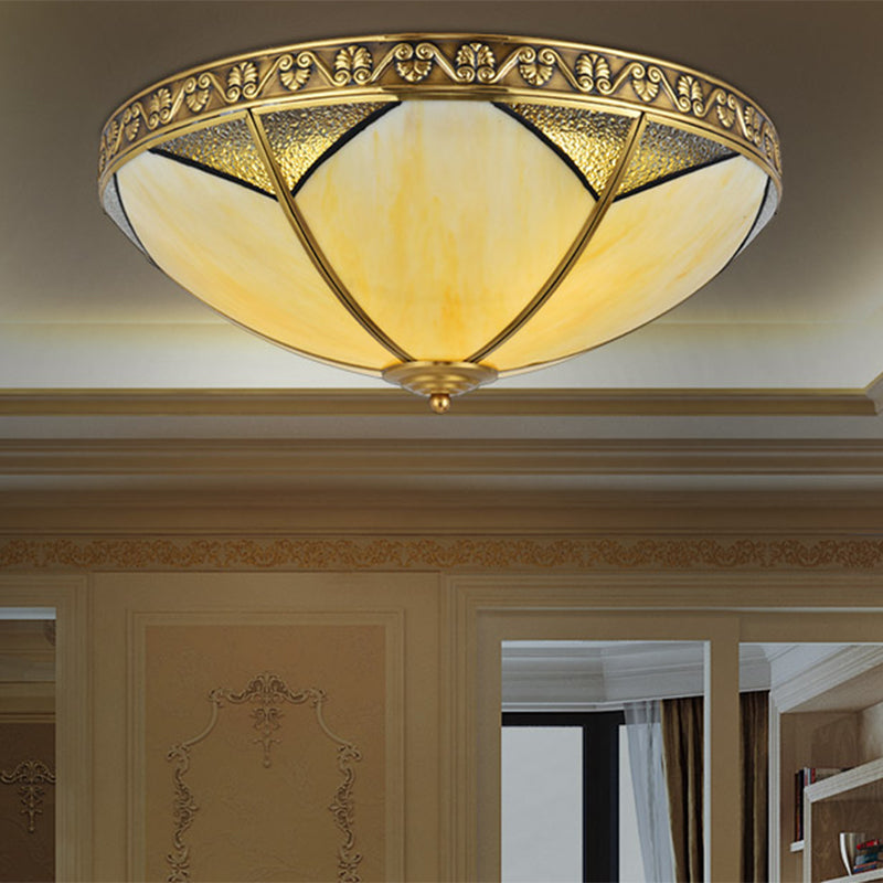 3 Lights Beige Glass Flush Mount Rural Brass Dome Living Room Ceiling Flush Mounted Lamp Brass Clearhalo 'Ceiling Lights' 'Close To Ceiling Lights' 'Close to ceiling' 'Flush mount' Lighting' 285459