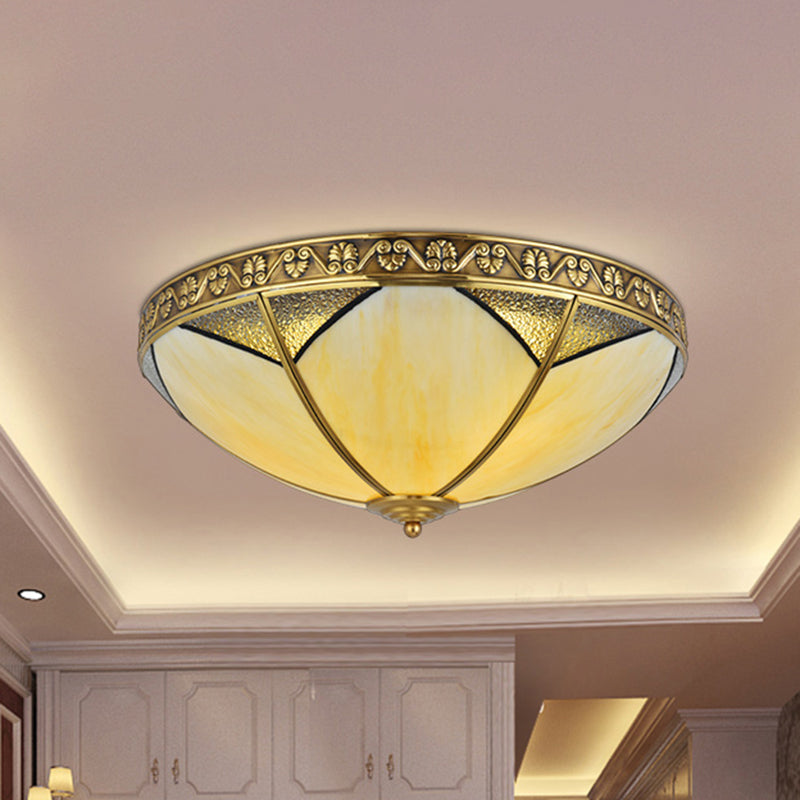 3 Lights Beige Glass Flush Mount Rural Brass Dome Living Room Ceiling Flush Mounted Lamp Clearhalo 'Ceiling Lights' 'Close To Ceiling Lights' 'Close to ceiling' 'Flush mount' Lighting' 285460