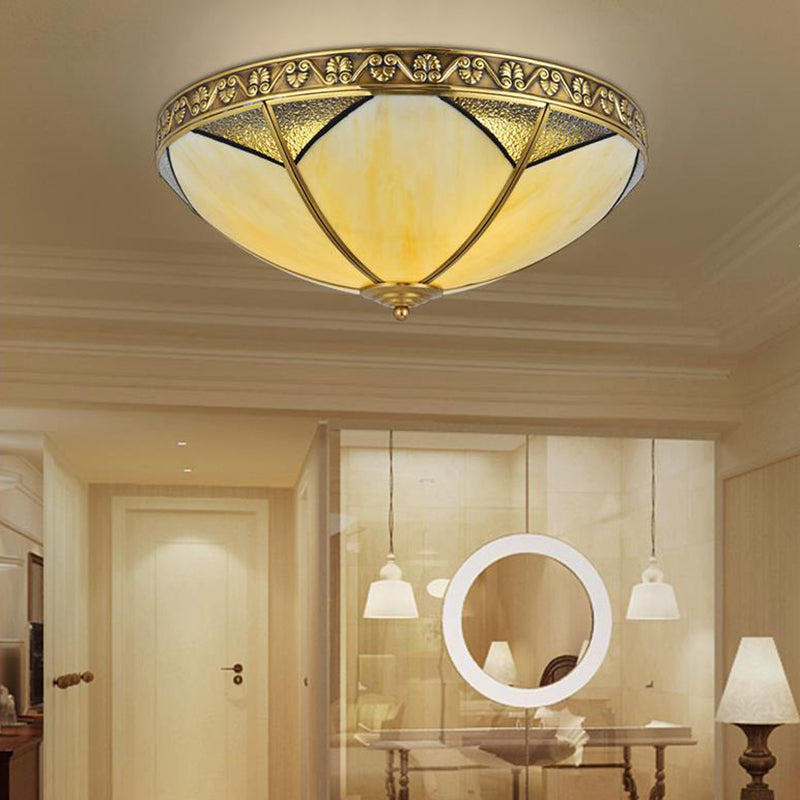 3 Lights Beige Glass Flush Mount Rural Brass Dome Living Room Ceiling Flush Mounted Lamp Clearhalo 'Ceiling Lights' 'Close To Ceiling Lights' 'Close to ceiling' 'Flush mount' Lighting' 285461