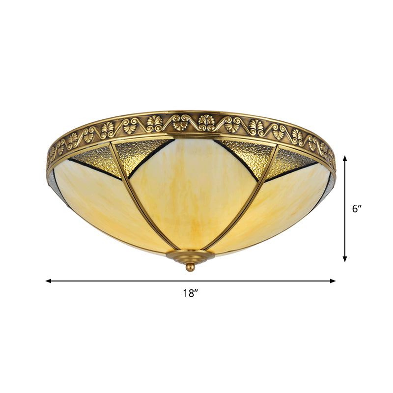 3 Lights Beige Glass Flush Mount Rural Brass Dome Living Room Ceiling Flush Mounted Lamp Clearhalo 'Ceiling Lights' 'Close To Ceiling Lights' 'Close to ceiling' 'Flush mount' Lighting' 285463