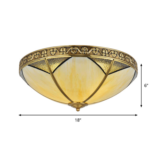 3 Lights Beige Glass Flush Mount Rural Brass Dome Living Room Ceiling Flush Mounted Lamp Clearhalo 'Ceiling Lights' 'Close To Ceiling Lights' 'Close to ceiling' 'Flush mount' Lighting' 285463