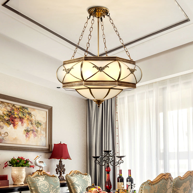 Brass 4 Heads Semi Flush Mount Lighting Traditional White Opal Glass Drum Close to Ceiling Lamp Clearhalo 'Ceiling Lights' 'Chandeliers' 'Close To Ceiling Lights' 'Close to ceiling' 'Glass shade' 'Glass' 'Semi-flushmount' Lighting' 285466