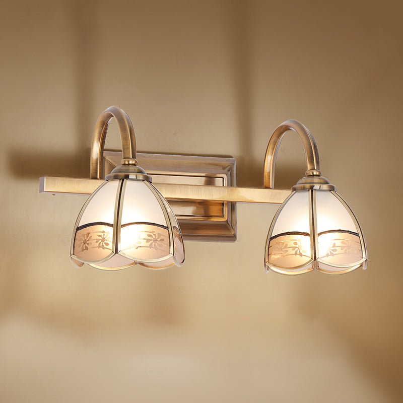 2/3 Bulbs Linear Wall Mounted Light Traditional Brass Metal Vanity Lamp Fixture with Dome Frosted Glass Shade Clearhalo 'Vanity Lights' 'Wall Lights' Lighting' 285471