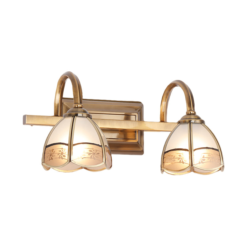 2/3 Bulbs Linear Wall Mounted Light Traditional Brass Metal Vanity Lamp Fixture with Dome Frosted Glass Shade Clearhalo 'Vanity Lights' 'Wall Lights' Lighting' 285473