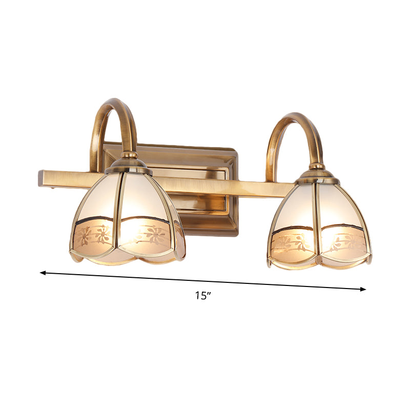 2/3 Bulbs Linear Wall Mounted Light Traditional Brass Metal Vanity Lamp Fixture with Dome Frosted Glass Shade Clearhalo 'Vanity Lights' 'Wall Lights' Lighting' 285474