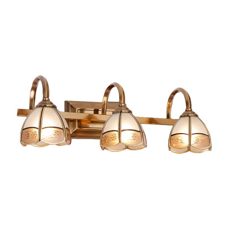 2/3 Bulbs Linear Wall Mounted Light Traditional Brass Metal Vanity Lamp Fixture with Dome Frosted Glass Shade Clearhalo 'Vanity Lights' 'Wall Lights' Lighting' 285477