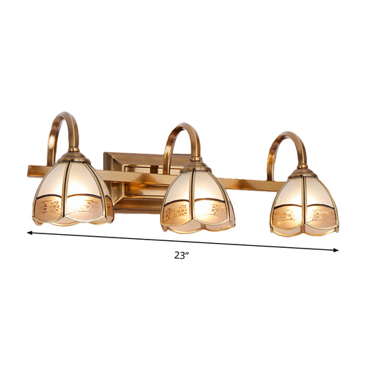 2/3 Bulbs Linear Wall Mounted Light Traditional Brass Metal Vanity Lamp Fixture with Dome Frosted Glass Shade Clearhalo 'Vanity Lights' 'Wall Lights' Lighting' 285478