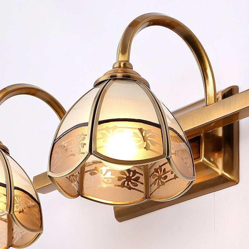 2/3 Bulbs Linear Wall Mounted Light Traditional Brass Metal Vanity Lamp Fixture with Dome Frosted Glass Shade Clearhalo 'Vanity Lights' 'Wall Lights' Lighting' 285479