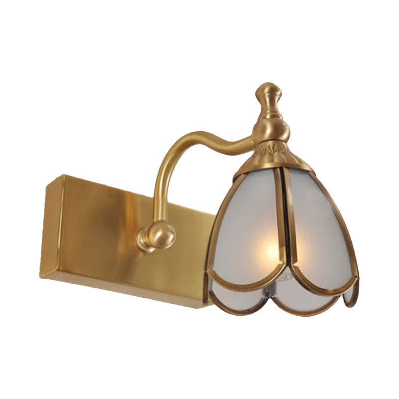 Brass Flower Shape Wall Lighting Rural Frosted White Opal Glass 1/2/3 Lights Bathroom Vanity Sconce Clearhalo 'Vanity Lights' 'Wall Lights' Lighting' 285483