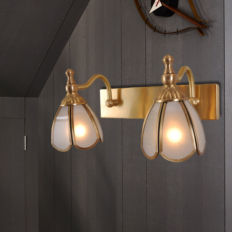 Brass Flower Shape Wall Lighting Rural Frosted White Opal Glass 1/2/3 Lights Bathroom Vanity Sconce 2.0 Brass Clearhalo 'Vanity Lights' 'Wall Lights' Lighting' 285485