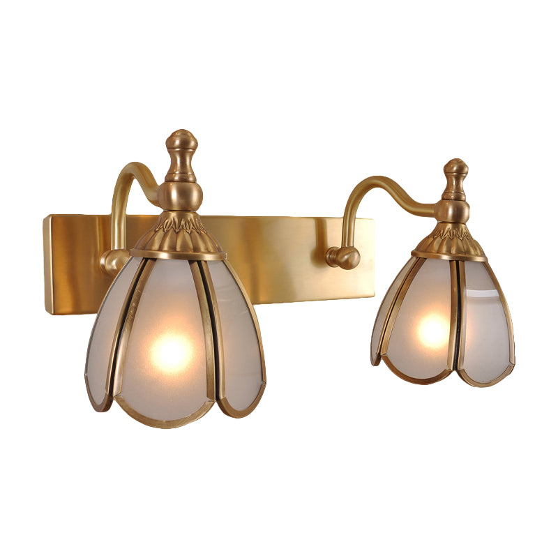 Brass Flower Shape Wall Lighting Rural Frosted White Opal Glass 1/2/3 Lights Bathroom Vanity Sconce Clearhalo 'Vanity Lights' 'Wall Lights' Lighting' 285487